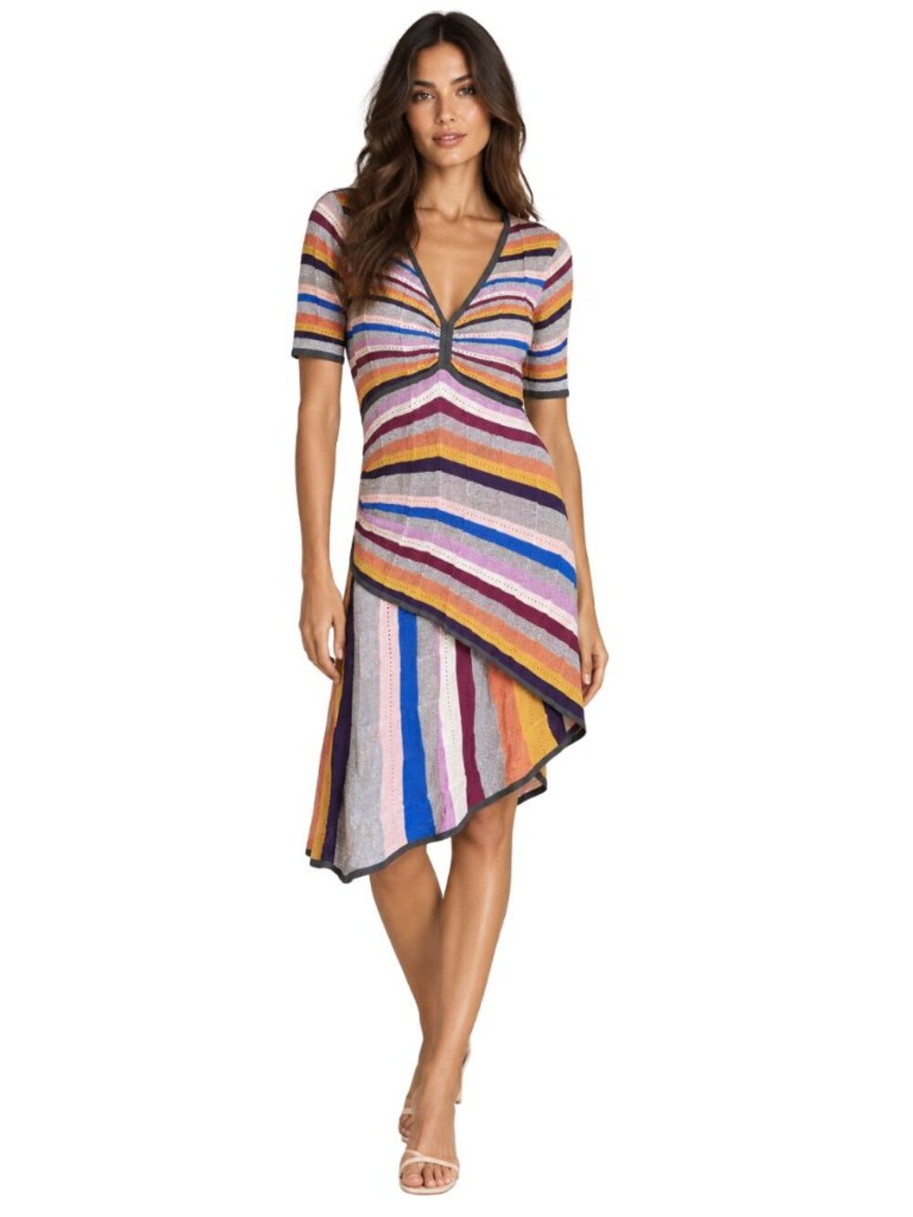 Desigual Multicolor Boho Sunburst Metallic Striped Asymmetrical Knit Dress L